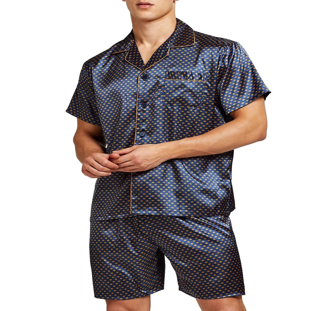 Sanraflic Men's Satin Pajamas Short Button-Down Pj Set Sleepwear Loungewear (Blue/Golden, XXL)