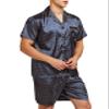 Sanraflic Men's Satin Pajamas Short Button-Down Pj Set Sleepwear Loungewear (Blue/Golden, XXL) view 3