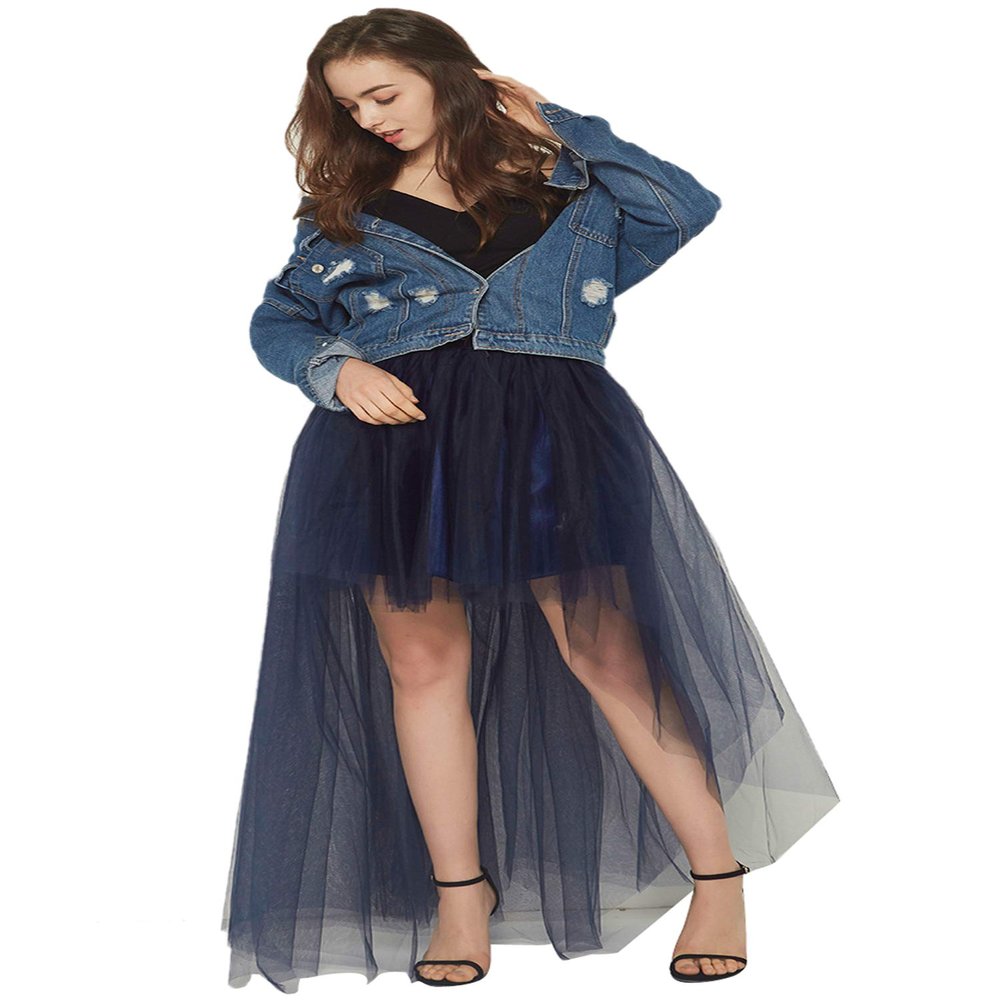 URVIP Women Short Front Back Long Fluffy Tulle Tutu Princess Wedding Skirt One Size Navy