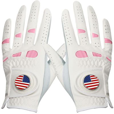 Amy Sport Women's Golf Gloves Left Hand Right with Ball Marker Value 2 Pack, All Weather Grip Rain Soft Leather Pink Size Small Medium Large XL (1 Pair, Medium)