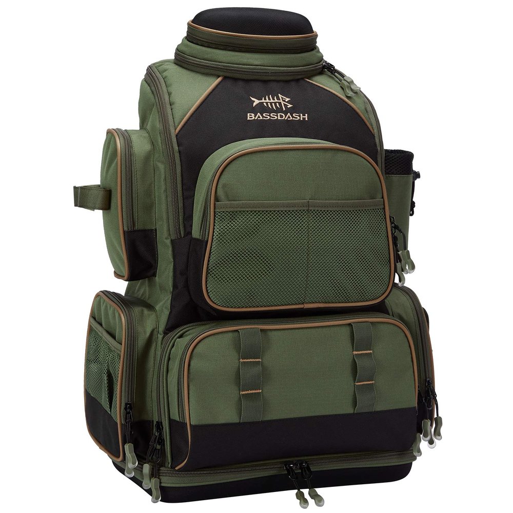 BASSDASH Fishing Tackle Backpack Water Resistant Tactical Bag Soft Tackle Box with Rod Holder and Protective Rain Cover