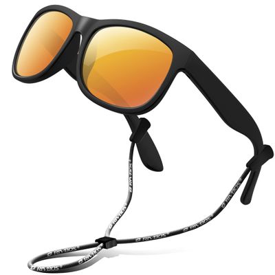 RIVBOS Kids Sunglasses Boys with Strap Polarized Rubber Flexible Shades for Toddler and Children Age 3-10 RBK023-1 Black Coating Lens