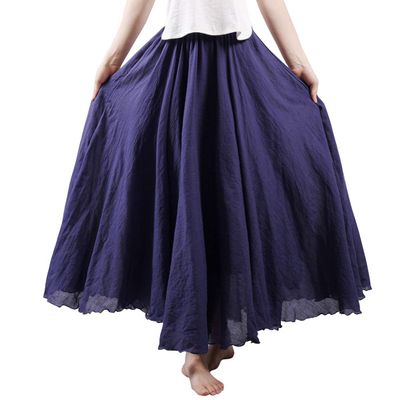 ebossy Women's Elastic Waist Beach Boho Summer Maxi Long Swing Linen Skirt (Free Size, Navy Blue)