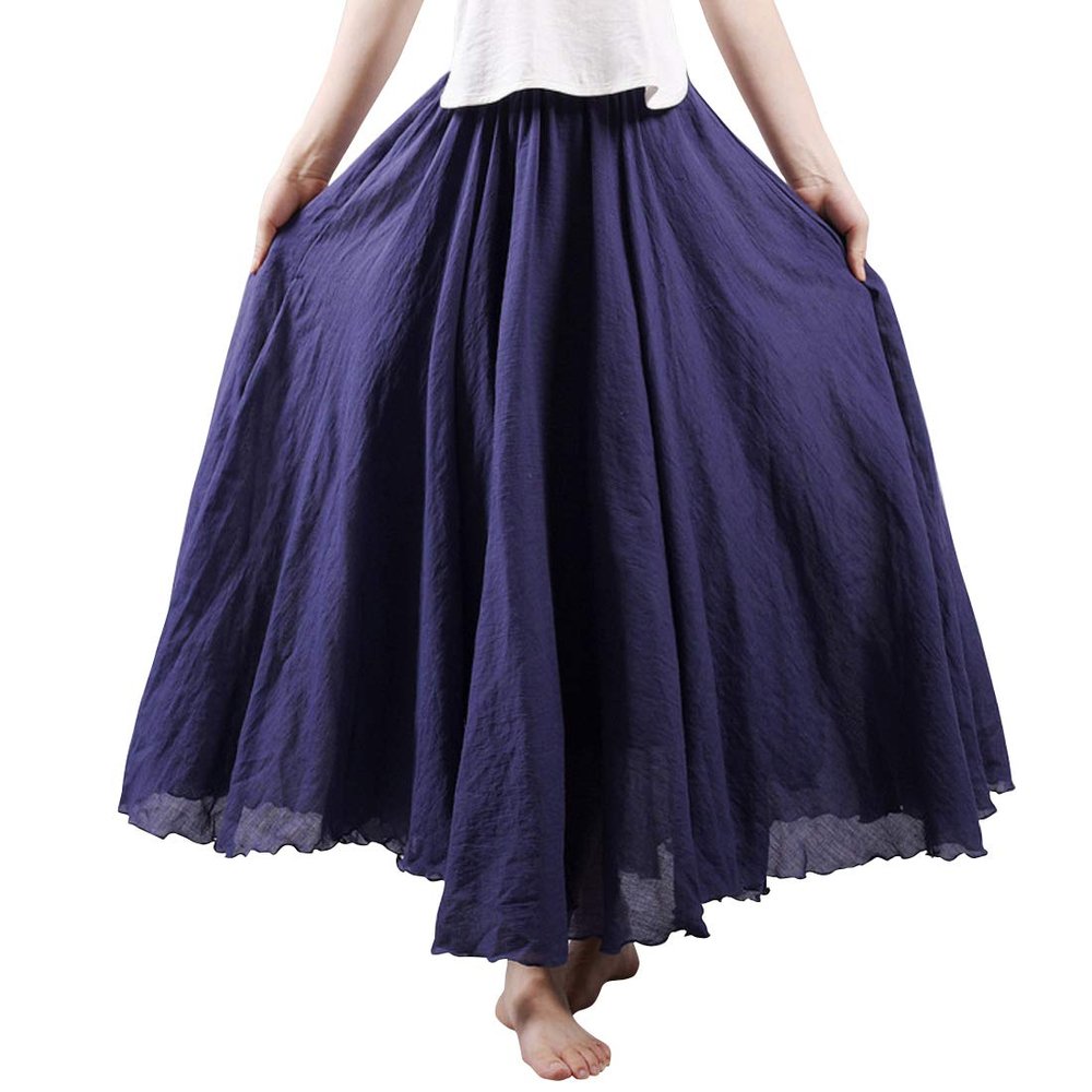 ebossy Women's Elastic Waist Beach Boho Summer Maxi Long Swing Linen Skirt (Free Size, Navy Blue)