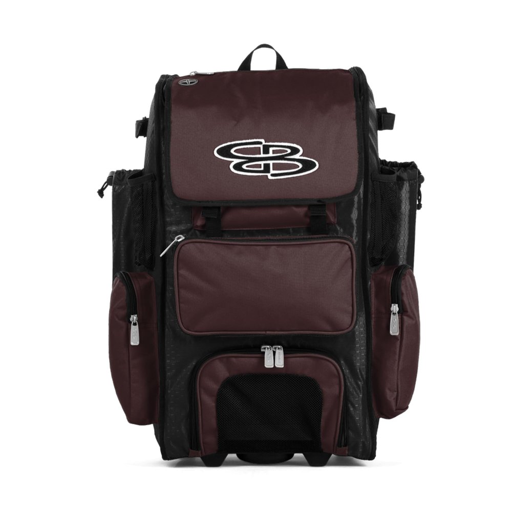 Boombah Rolling Superpack Baseball/Softball Gear Bag - 23-1/2" x 13-1/2" x 9-1/2" - Black/Maroon - Telescopic Handle - Holds 4 Bats - Wheeled Version