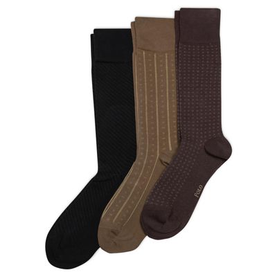 Polo Ralph Lauren Men's Assorted Patterns Crew Sock 3 Pair Pack, Brown, Mens Shoe Size 6-12