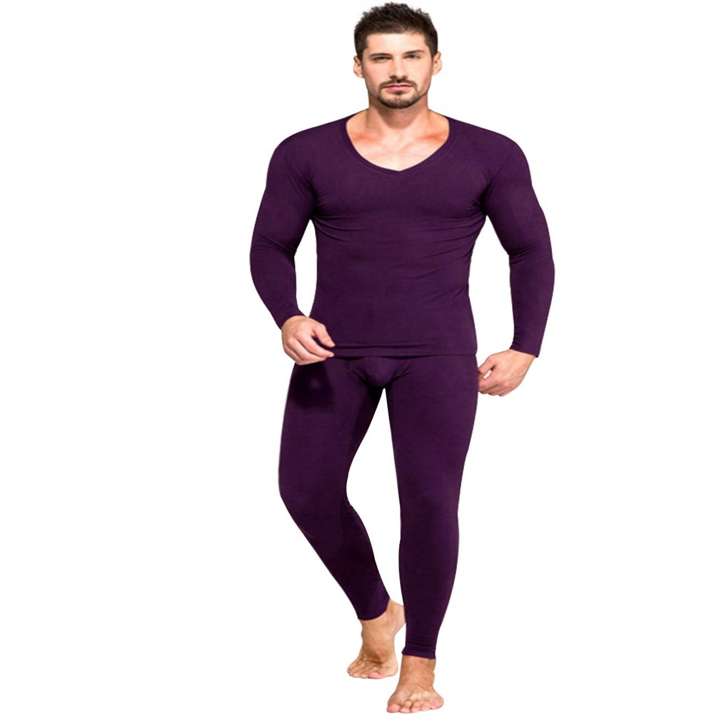 Jueshanzj Men's Solid Color V-Neck Thermal Underwear Set L Dark Purple