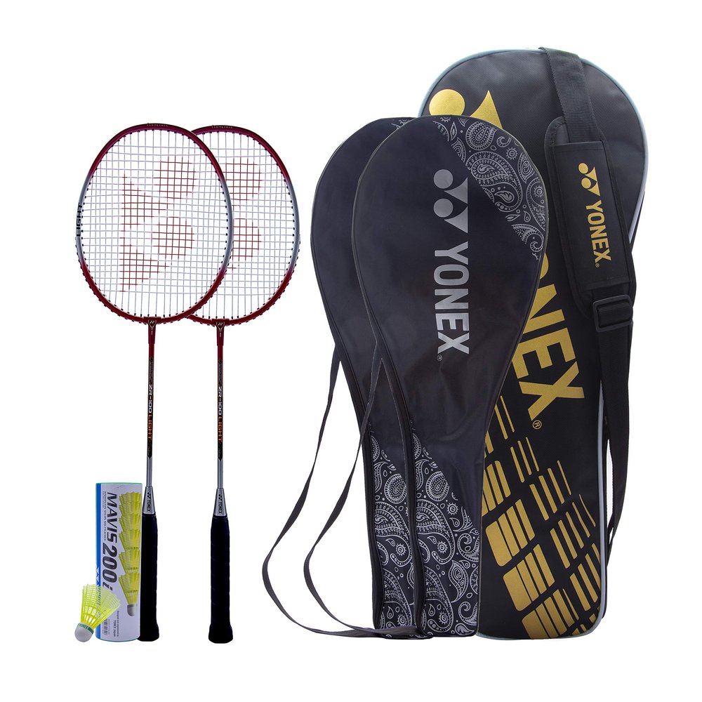 Yonex ZR 100 Light Badminton Kitbag Combo (Set of 2 Yonex ZR 100 Light Badminton Racquet with Full Cover Red/Red + Mavis 200I Shuttlecock Pack of 6+ 2 Etech Grip + Sunr 1815 Black Kitbag )