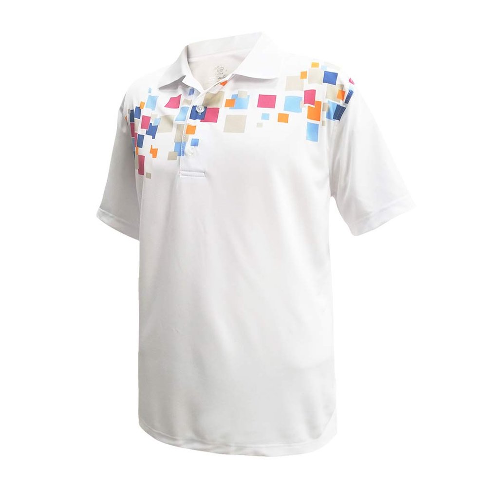 Monterey Club Men's Cube Element Print Contrast Polo Shirt #1681 (White/Navy/Red, Large)
