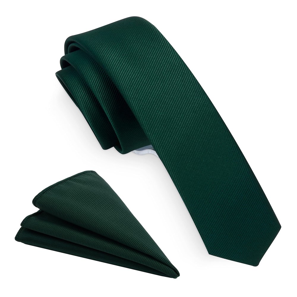 GUSLESON Solid Ties For Men Dark Green Skinny Tie Slim Necktie and Pocket Square Sets(0802-02)