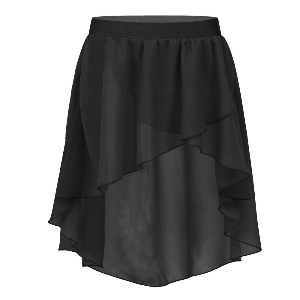 Freebily Kids Girls Basic High-Low Elastic Waistband Chiffon Skirt Irregular Circular Ballet Jazz Dance Studio Practice Dress Black 14