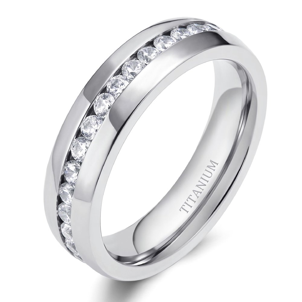 TIGRADE 4mm 6mm Titanium Ring Cubic Zirconia Engagement Ring Wedding Band Size 3.5 to 13, 6MM, Size 8