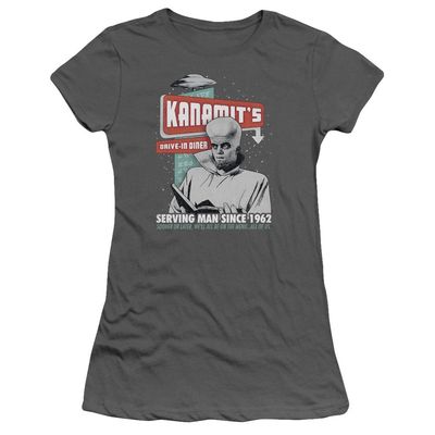 Trevco Twilight Zone Kanamits Diner Juniors' Sheer Fitted T Shirt, 2X-Large Charcoal