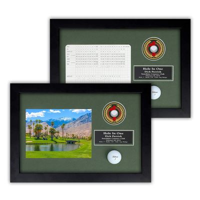 Golf HoleinOne Enclosed Shadowbox | 3 Frame Colors with Acrylic Front | Holds Golf Ball & Vertical Scorecard or Photo | Engraved Plate