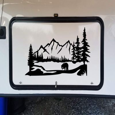 Minglewood Trading Bear Mountain Trees Scene Vinyl Sticker - Camper RV Travel Trailer Graphics - Die Cut Decal - 40w x 19.25h inches