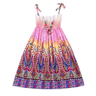 Baby Girls Sundress for 1-8 Years Old Kids Children Vestidos Floral Bohemian Beach Straps Dress Necklace Sets (5-6 Years Old, Purple)
