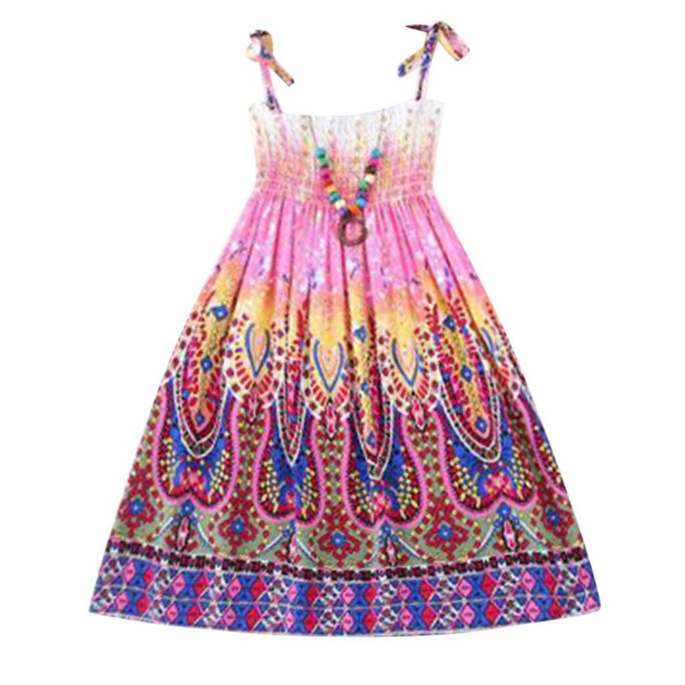 Baby Girls Sundress for 1-8 Years Old Kids Children Vestidos Floral Bohemian Beach Straps Dress Necklace Sets (5-6 Years Old, Purple)
