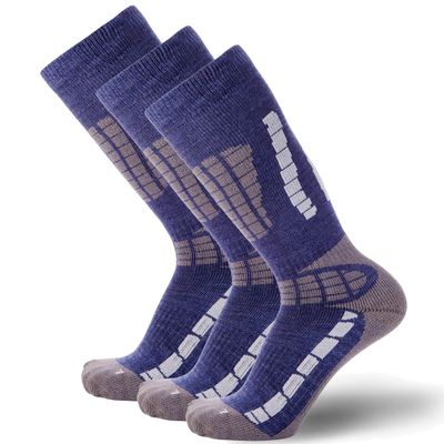 Pure Athlete Kids Ski Socks - Merino Wool OTC Winter Skiing Sock for Boys Girls (3 Pairs - Blue/Silver, Small-Medium)