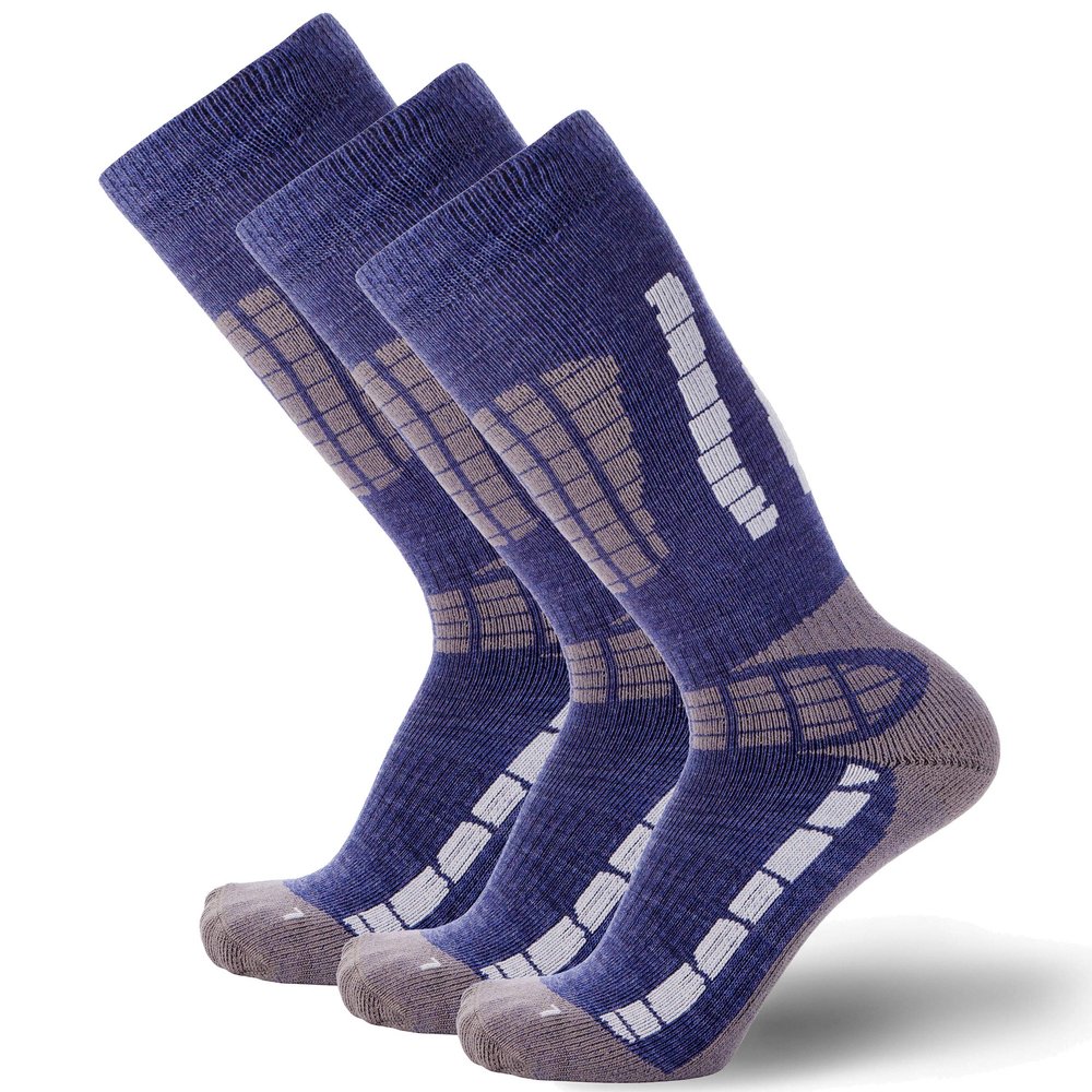Pure Athlete Kids Ski Socks - Merino Wool OTC Winter Skiing Sock for Boys Girls (3 Pairs - Blue/Silver, Small-Medium)