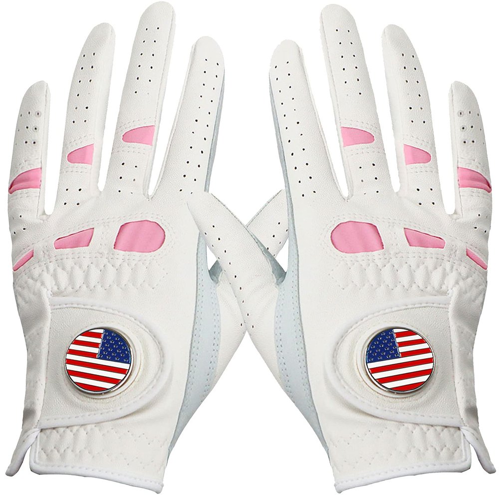 Amy Sport Women's Golf Gloves Left Hand Right with Ball Marker Value 2 Pack, All Weather Grip Rain Soft Leather Pink Size Small Medium Large XL (1 Pair, Small)