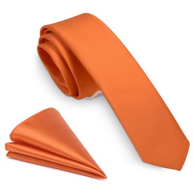 GUSLESON Pumpkin Orange Tie Skinny Ties For Men Slim Formal Necktie and Pocket Square Sets (0802-13)