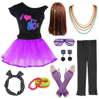 80's Party Girls Retro Costume Accessories Set for 1980s Theme Party Supplies (7-8, Purple)