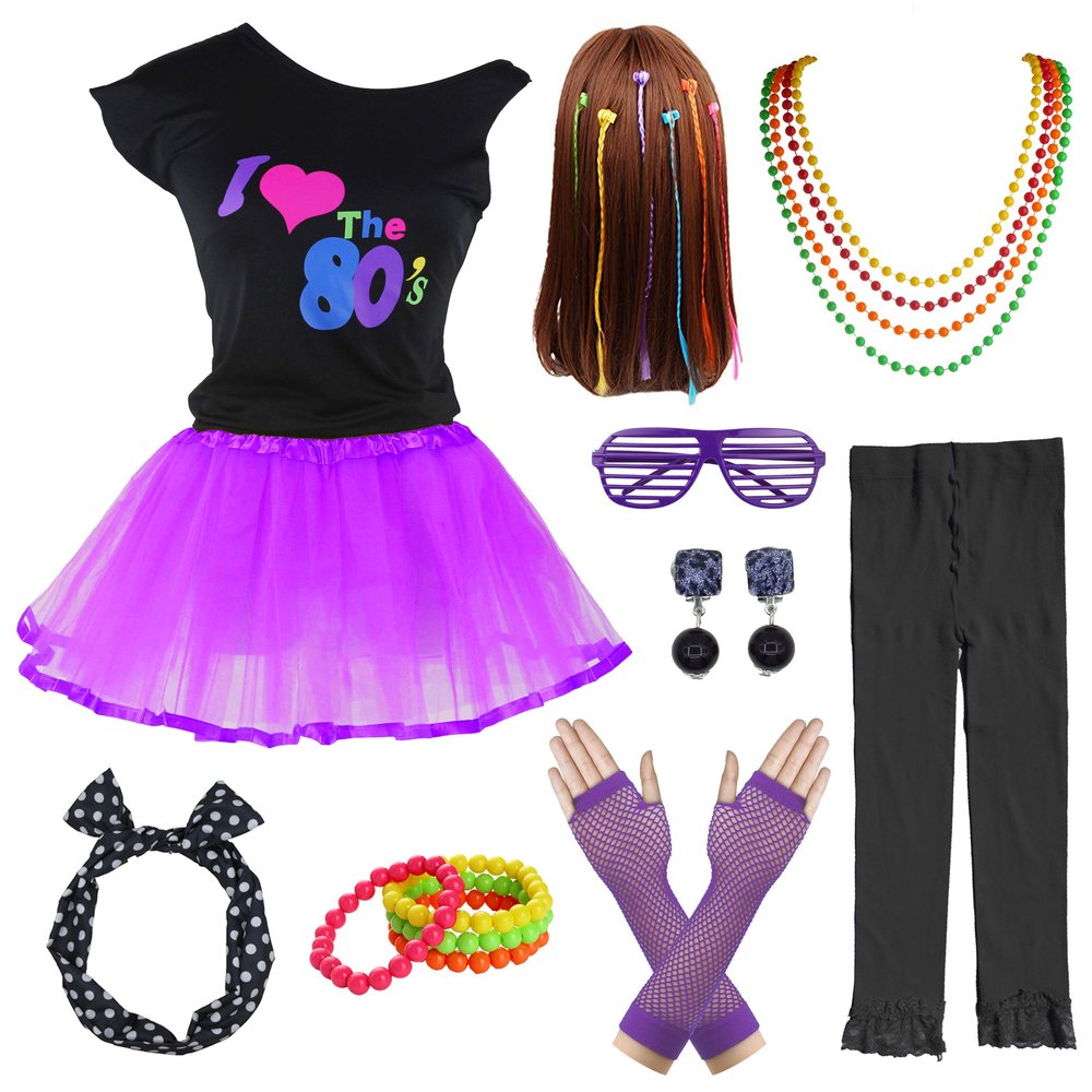 80's Party Girls Retro Costume Accessories Set for 1980s Theme Party Supplies (7-8, Purple)
