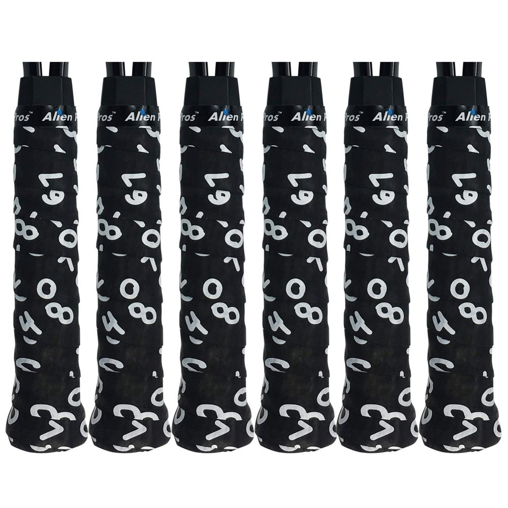 Alien Pros Tennis Racket Grip Tape (6 Grips)  Precut and Dry Feel Tennis Grip  Designer Tennis Overgrip Grip Tape Tennis Racket  Wrap Your Racquet for High Performance (6 Grips, Black Numbers)