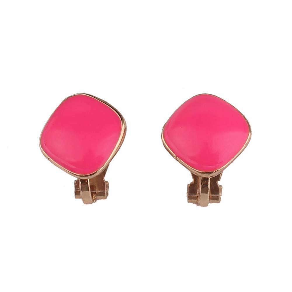 HAPPYAN Cute Candy Color Enamel Geometric Shape Clip on Earrings Non Pierced for Women Ear Clip (Rose Red Clip-on)