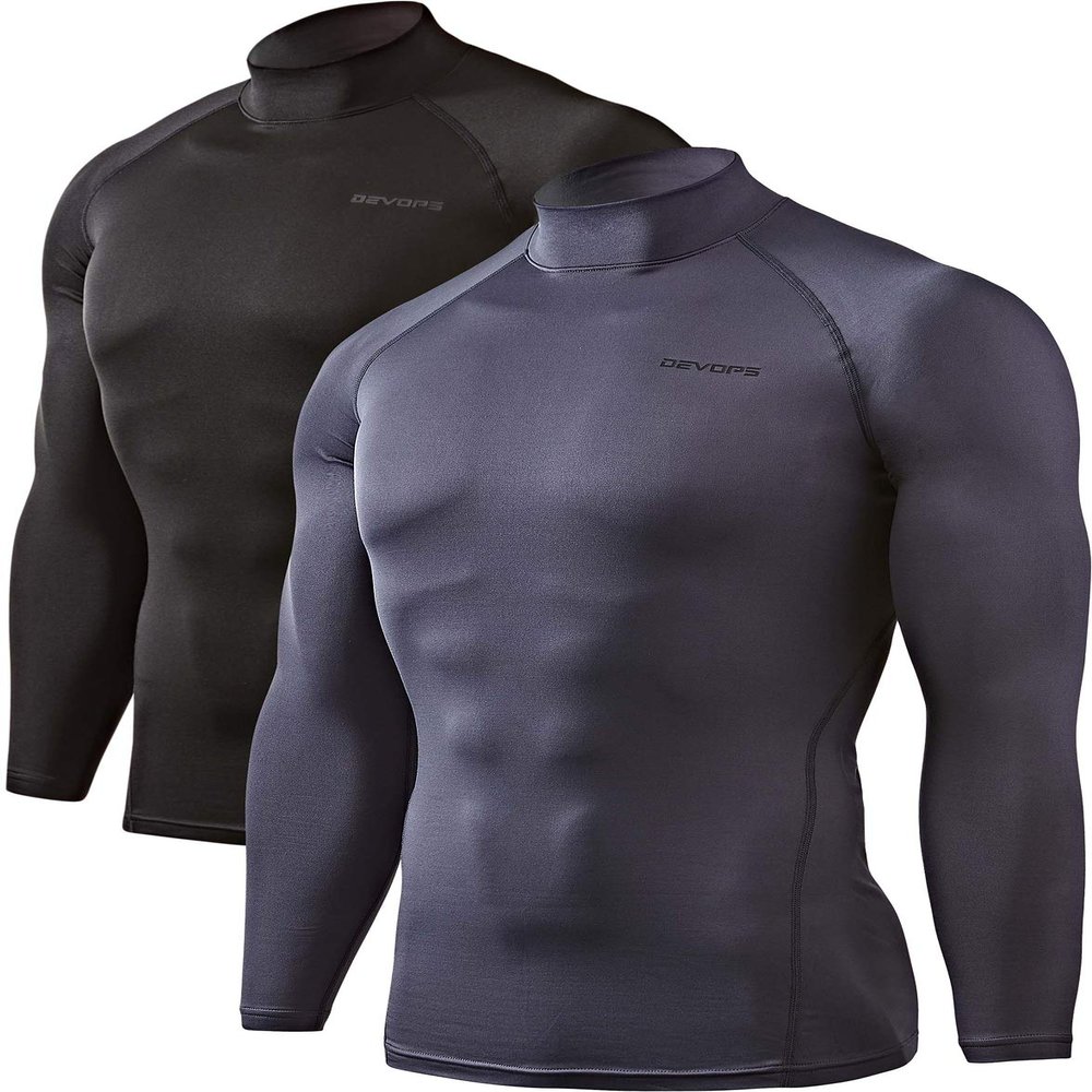 DEVOPS 2 Pack Men's Thermal Turtle Mock Neck Shirts, Compression Long Sleeve Tops (Medium, Black/Charcoal)