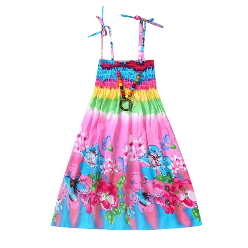 Baby Girls Sundress for 1-8 Years Old Kids Children Vestidos Floral Bohemian Beach Straps Dress Necklace Sets (7-8 Years Old, Gold)