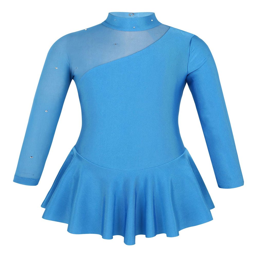 CHICTRY Girls' Sparkly Mock Neck Mesh Figure Ice Skating Dress Spandex Long Sleeves Dance Leotard Lake Blue 8
