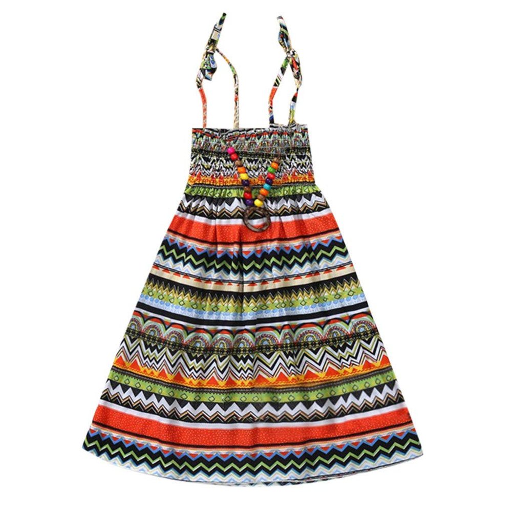 Baby Girls Sundress for 1-8 Years Old Kids Children Vestidos Floral Bohemian Beach Straps Dress Necklace Sets (18-24 Months, Coffee)