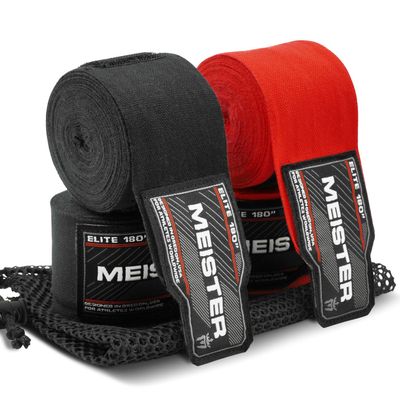 Meister Elite 180" Premium Adult Hand Wraps for MMA & Boxing - 2 Pair Pack w/Mesh Bag - Black/Blood Red