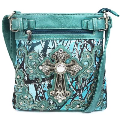Zelris Camouflage Shine Glow Silver Cross Conceal Carry Crossbody Messenger Bag (Teal)