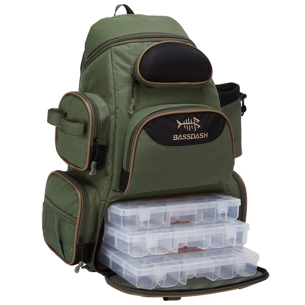 BASSDASH Fishing Tackle Backpack Water Resistant Tactical Bag Soft Tackle Box with Rod Holder and Protective Rain Cover