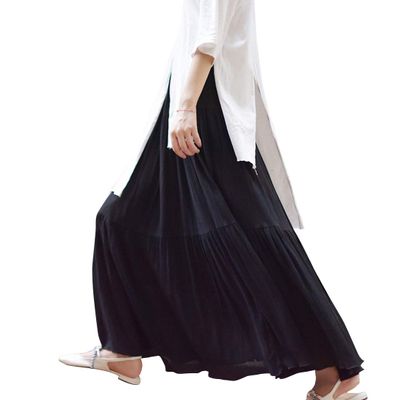 ebossy Women's Elastic Waist Tiered Shirring Crinkle Summer Flowy Long Maxi Skirt (Length 95cm, Black)