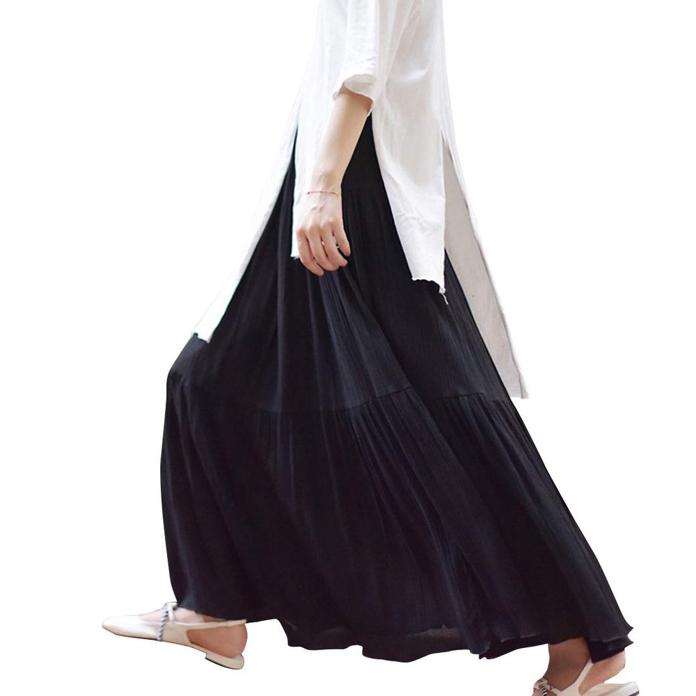 ebossy Women's Elastic Waist Tiered Shirring Crinkle Summer Flowy Long Maxi Skirt (Length 95cm, Black)