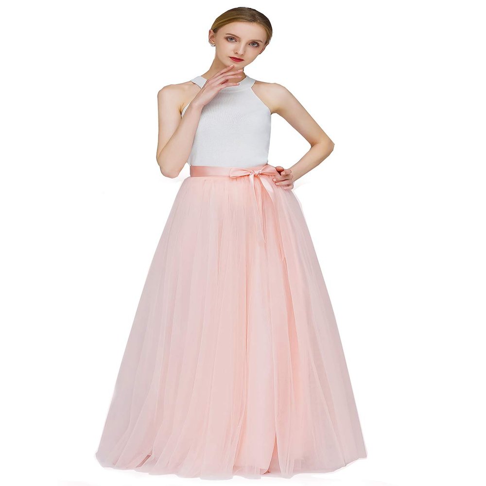 EllieHouse A Line Long Full Bridesmaid Tulle Skirt for Wedding Evening Party P68 Blush S