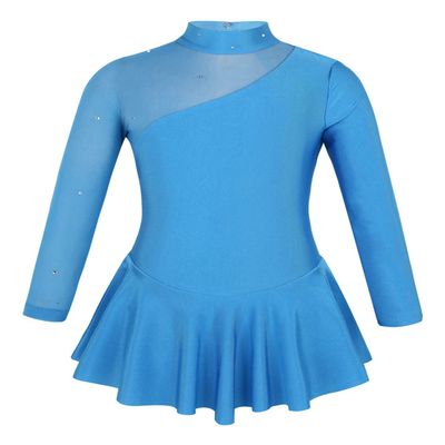 YEAHDOR Girls' Kids Figure Ice Skating Dress Mesh Splice Long Sleeve Mock Neck Ballet Dance Gymnastic Tutu Skirted Leotard Blue 12