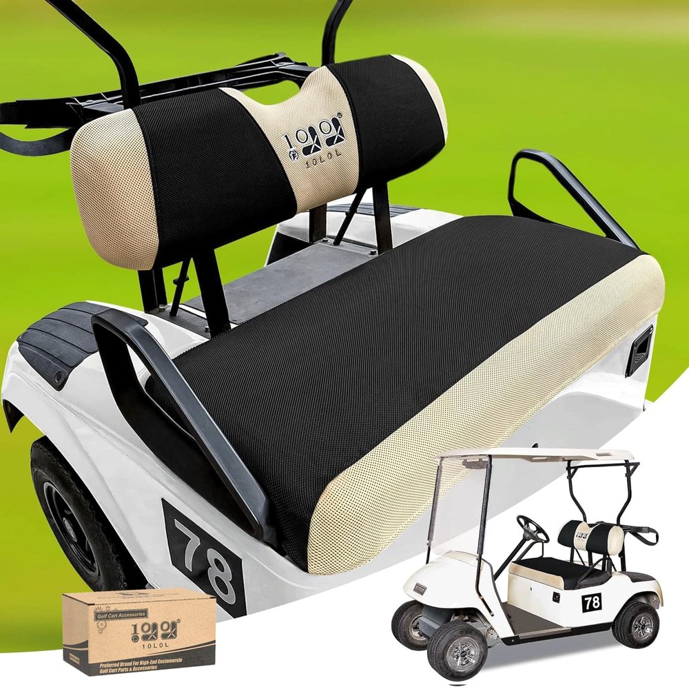 10L0L Golf Cart Seat Covers Kit - Universal Fit for EZGO TXT/RXV Front Seats | Breathable Mesh Fabric | Easy Installation | Black & Beige (No Staples Required)