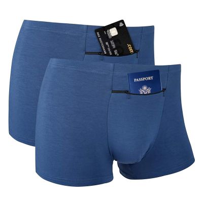 H&R Pocket Underwear for Men with Secret Hidden Front Stash Pocket, Travel Boxer Brief, Medium Size 2 Packs (Blue)