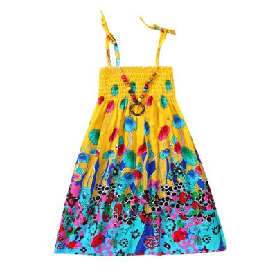 Baby Girls Sundress for 1-8 Years Old Kids Children Vestidos Floral Bohemian Beach Straps Dress Necklace Sets (18-24 Months, Yellow)
