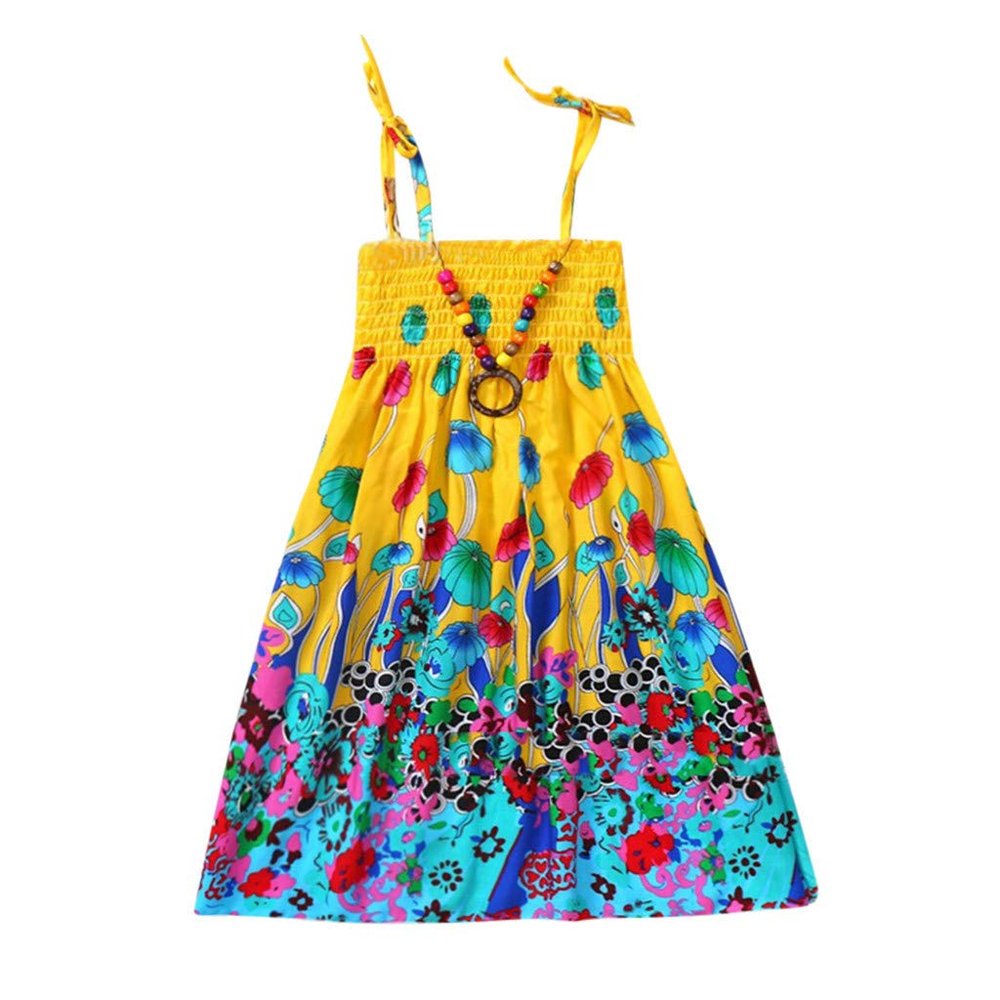 Baby Girls Sundress for 1-8 Years Old Kids Children Vestidos Floral Bohemian Beach Straps Dress Necklace Sets (18-24 Months, Yellow)
