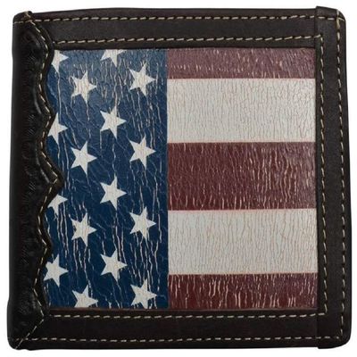 3D Belt Co. Men's Red White Blue Distressed Short Bifold American Flag Brown Tooled Leather Wallet