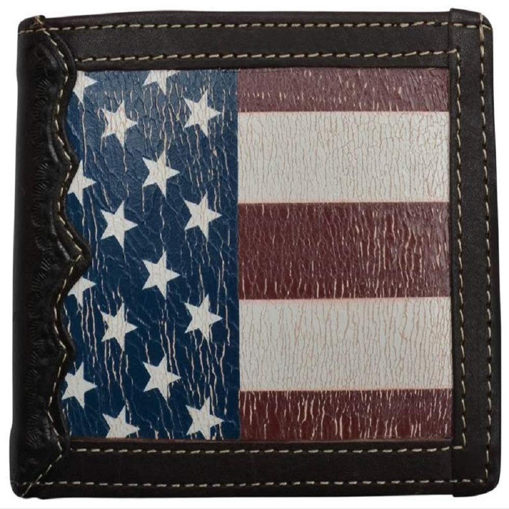 3D Belt Co. Men's Red White Blue Distressed Short Bifold American Flag Brown Tooled Leather Wallet