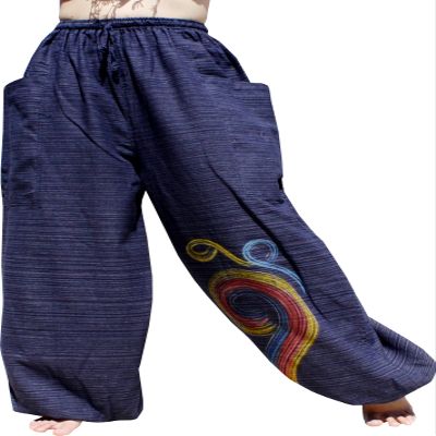 Striped Cotton Pants Elastic Waist Painting Art Dark Blue sz M