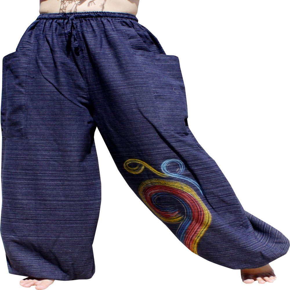 Striped Cotton Pants Elastic Waist Painting Art Dark Blue sz M