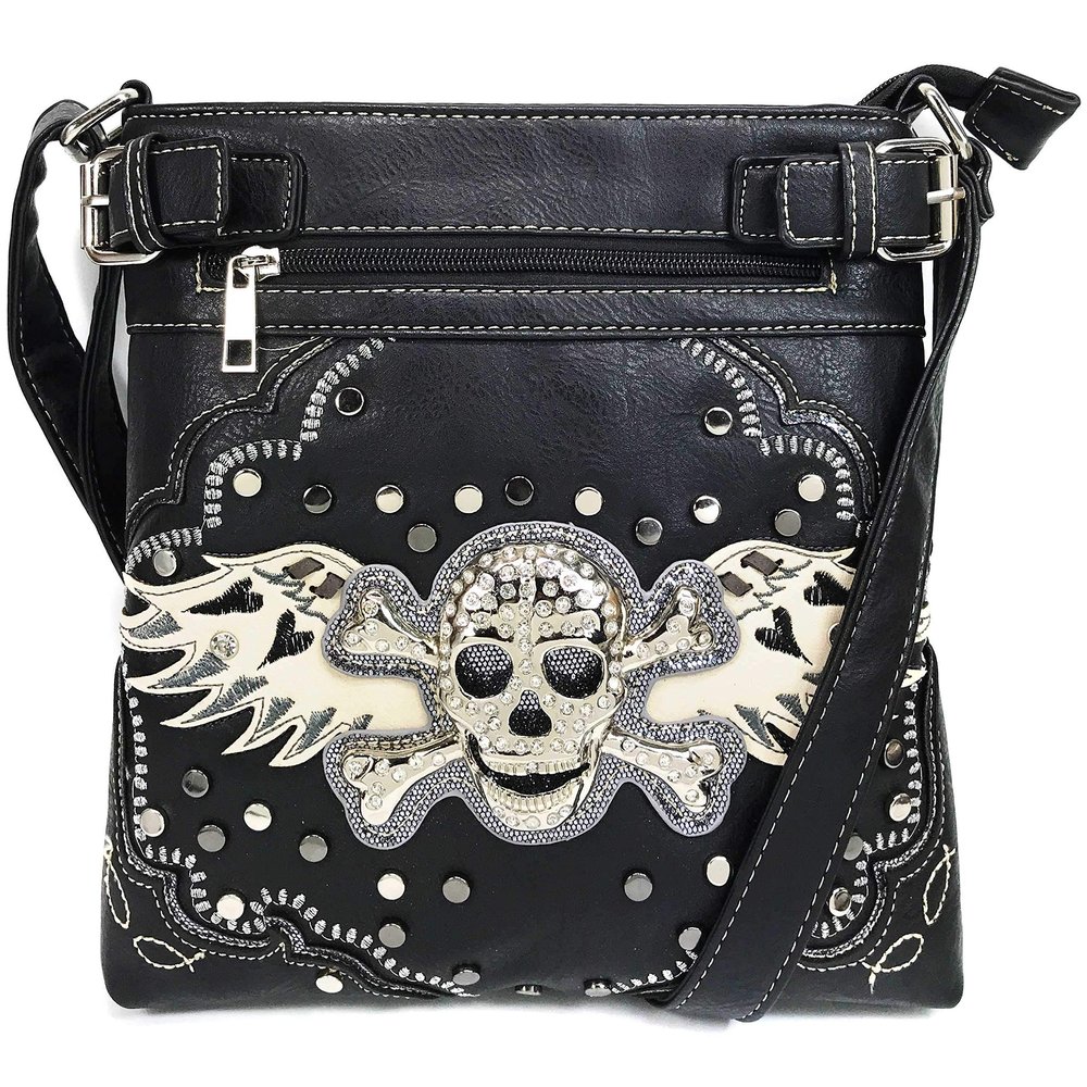 Zelris Skull Crossbones Angel Wings Heart Conceal Carry Crossbody Messenger (Black)