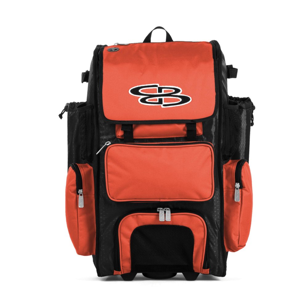 Boombah Rolling Superpack Baseball/Softball Gear Bag - 23-1/2" x 13-1/2" x 9-1/2" - Black/Orange - Telescopic Handle - Holds 4 Bats - Wheeled Version
